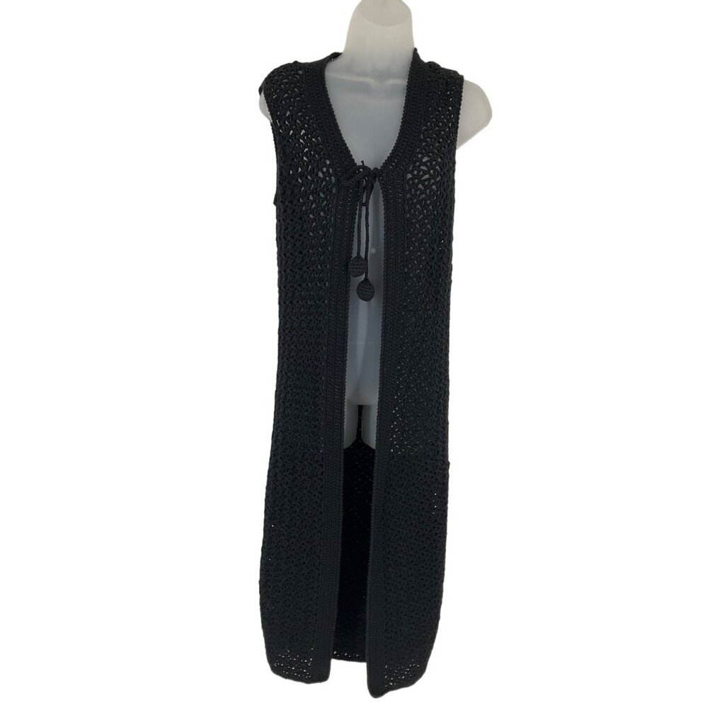 Crochet Open-Front Black Long sweater vest boho festival Sixe XS cottage